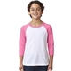 aerial view a hot pink sleeves/ white body next level youth cvc 3/4- sleeve raglan - 3352, image 1 of 4