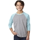 aerial view a ice blue sleeves/ dark heather grey body next level youth cvc 3/4- sleeve raglan - 3352, image 1 of 5