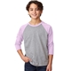 aerial view a lilac sleeves/ dark heather grey body next level youth cvc 3/4- sleeve raglan - 3352, image 1 of 4