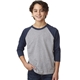 aerial view a midnight navy sleeves/ dark heather grey body next level youth cvc 3/4- sleeve raglan - 3352, image 1 of 4