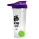 a translucent frost tumbler & violet lid & lime green mixing ball endurance shaker tumbler with drink - thru lid and mixing ball