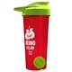 a translucent red tumbler & lime green lid & lime green mixing ball endurance shaker tumbler with drink - thru lid and mixing ball