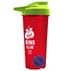 a translucent red tumbler & lime green lid & royal blue mixing ball endurance shaker tumbler with drink - thru lid and mixing ball