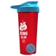 a translucent red tumbler & cyan lid & cyan mixing ball endurance shaker tumbler with drink - thru lid and mixing ball