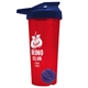 a translucent red tumbler & navy blue lid & royal blue mixing ball endurance shaker tumbler with drink - thru lid and mixing ball