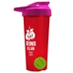 a translucent red tumbler & pink lid & lime green mixing ball endurance shaker tumbler with drink - thru lid and mixing ball