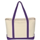 aerial view a natural with purple large heavyweight cotton canvas boat tote, image 1 of 4