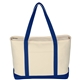 aerial view a natural with royal blue large heavyweight cotton canvas boat tote, image 1 of 4