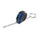 aerial view a black with blue trim rubber keychain tape measure with laminated label, image 1 of 3
