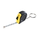 aerial view a black with yellow trim rubber keychain tape measure with laminated label, image 1 of 3