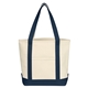 aerial view a natural with navy small starboard 24 oz cotton canvas tote bag, image 1 of 2