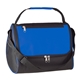 aerial view a black with royal blue trim triangle cooler lunch bag, image 1 of 2