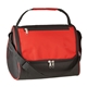 aerial view a black with red trim triangle cooler lunch bag, image 1 of 2