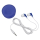 aerial view a blue earbuds in round plastic case, image 1 of 3