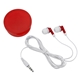 aerial view a red earbuds in round plastic case, image 1 of 3