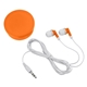 aerial view a orange earbuds in round plastic case, image 1 of 3