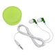 aerial view a lime green earbuds in round plastic case, image 1 of 3