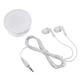 aerial view a white earbuds in round plastic case, image 1 of 3