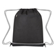 aerial view a black with black trim bandura non - woven recycled drawstring bag, image 1 of 2