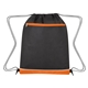 aerial view a black with orange trim bandura non - woven recycled drawstring bag, image 1 of 2