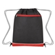 aerial view a black with red trim bandura non - woven recycled drawstring bag, image 1 of 2