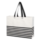 aerial view a white with black trim non - woven horizontal stripe tote bag, image 1 of 2