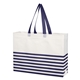 aerial view a white with navy blue trim non - woven horizontal stripe tote bag, image 1 of 3