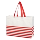 aerial view a white with red trim non - woven horizontal stripe tote bag, image 1 of 2