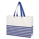 aerial view a white with royal blue trim non - woven horizontal stripe tote bag, image 1 of 2