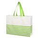 aerial view a white with lime green trim non - woven horizontal stripe tote bag, image 1 of 2
