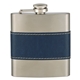 aerial view a silver with navy accent 6 oz mccarty stainless steel flask, image 1 of 2