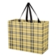 aerial view a tan/black plaid tartan laminated non - woven shopper bag, image 1 of 2