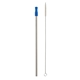 aerial view a silver with royal blue tip stainless steel straw with cleaning brush, image 1 of 2