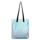 aerial view a clear with black handles iridescent pvc hologram tote bag, image 1 of 4