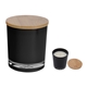 aerial view a black with bamboo lid soy wax bamboo candle, image 1 of 3