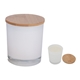 aerial view a white with bamboo lid soy wax bamboo candle, image 1 of 3