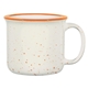 aerial view a white with orange 15 oz blaze campfire mug, image 1 of 2
