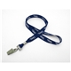 aerial view a navy blue 5/8 silkscreened flat lanyard w / bulldog clip, image 1 of 2