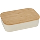 aerial view a beige bamboo fiber lunch box with cutting board lid, image 1 of 9
