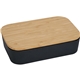 aerial view a black bamboo fiber lunch box with cutting board lid, image 1 of 6