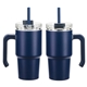 aerial view a navy blue millenium 20 oz vacuum insulated stainless steel mug, image 1 of 3