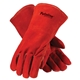 aerial view a red red leather cowhide welders gloves, image 1 of 3