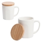 aerial view a white-brown chic mug with bamboo lid, image 1 of 2