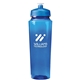 aerial view a translucent blue bottle & blue lid evans 24 oz polysure(tm) measure bottle, image 1 of 2
