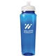 aerial view a translucent blue bottle & clear lid evans 24 oz polysure(tm) measure bottle, image 1 of 2