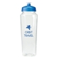 aerial view a translucent clear bottle & blue lid evans 24 oz polysure(tm) measure bottle, image 1 of 2