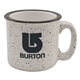 a white 15 oz speckled camping mug
