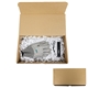 a brown box with white crinkle paper box & white-grey gloves & black flashlight light works kit brown