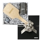 aerial view a black box with white crinkle paper and grey bow box & wood bbq grill scraper & grey flashlight backyard boss black, image 1 of 2