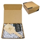 aerial view a brown box with white crinkle paper box & wood bbq grill scraper & grey flashlight backyard boss brown, image 1 of 2